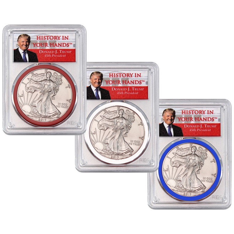 Set PCGS MS70 Trump Label Red White Blue 2019 $1 American Silver Eagle 3pc