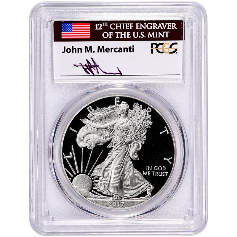 2017 W PROOF SILVER EAGLE PCGS PR70 DCAM FLAG MERCANTI FIRST DAY OF ISSUE FDI