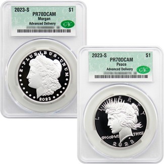 2023 Morgan & Peace Silver Dollar Set CAC PR70 DCAM Advance Delivery CAC Label
