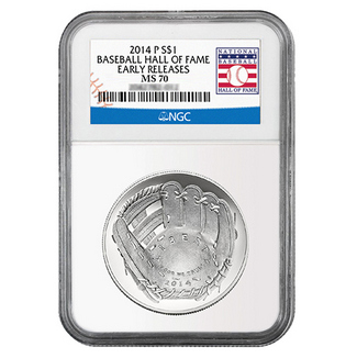 2014 P Silver Baseball HOF Dollar NGC MS70 ER Hall Of Fame Label
