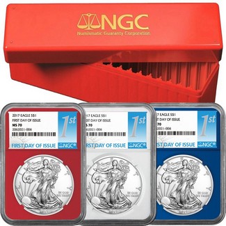 2017 Red, White Blue Silver Eagle Set NGC MS70 First Day Issue
