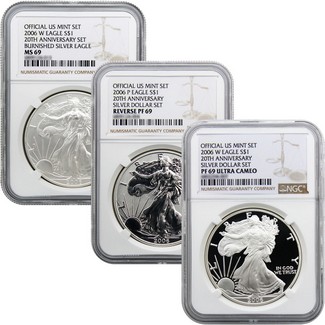 2006 3-Piece Silver Eagle 20th Anniversary Set NGC 69 Brown Labels