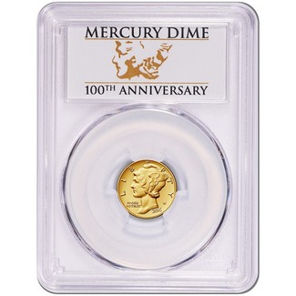 2016 W 1/10th oz Gold Mercury Dime PCGS SP70 FS 100th Ann. Dime Label