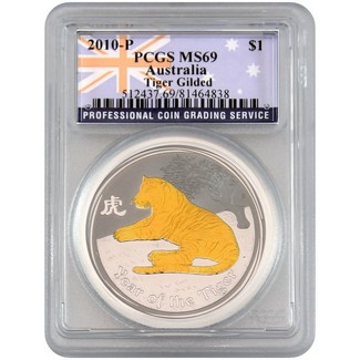 2010 P Australia Gilded Tiger PCGS MS69 - Flag Label