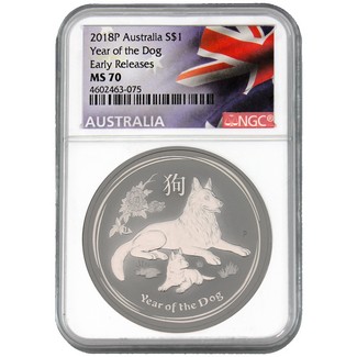 2018P Australia Year of the Dog 1 oz Silver Lunar Series NGC MS70 ER Opera House Label