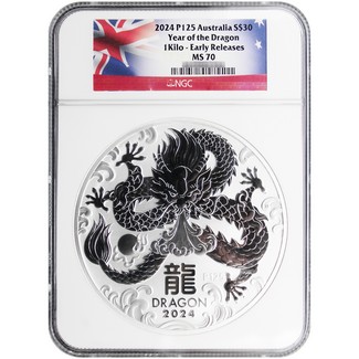 2024 P125 $30 Australia Year of the Dragon Silver Kilo NGC MS70 Early Releases Australia Flag Label