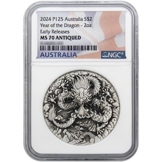 2024 P125 $2 Australia 2oz Silver Year of the Dragon NGC MS70 ER Antiqued Flag Label