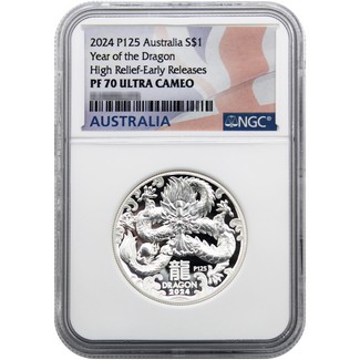 2024 P125 $1 Australia 1oz Silver Proof Year of the Dragon HR Coin NGC PF70 UC ER Flag Label