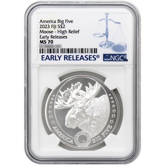 2023 $2 Fiji Silver 1oz American Big 5 Moose HR Coin NGC MS70 ER Blue Label