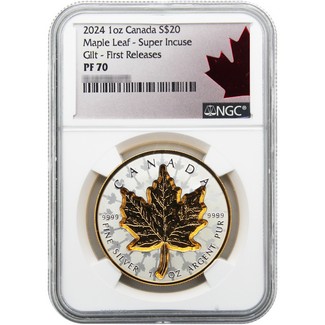 2024 $20 Canada 1oz Silver Proof Maple Leaf Super Incuse Gilt Coin NGC PF70 FR Red Maple Leaf Label