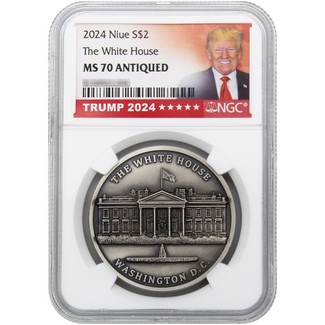 2024 $2 Niue The White House 1oz Silver UHR Coin NGC MS70 Antiqued 2024 Trump Label