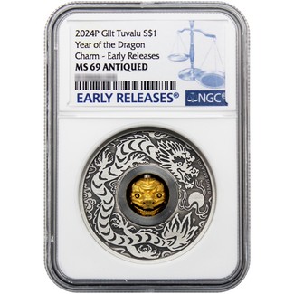 2024P $1 Tuvalu Year of Dragon 1oz Silver Coin Gilt Rotating Charm NGC MS69 Antiqued ER Blue Label