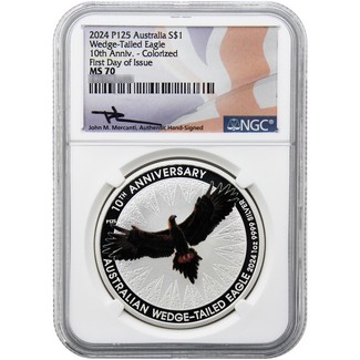 2024 P125 $1 Australia 1oz Silver Colorized Wedge-Tailed Eagle NGC MS70 FDI Mercanti Signed Label