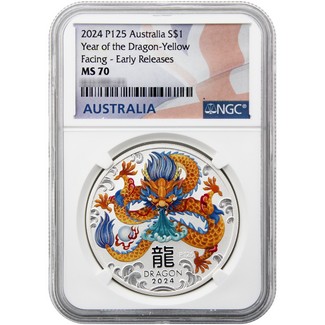 2024 P125 $1 Australia 1oz Silver Colorized Dragon Yellow Facing Coin NGC MS70 ER Flag Label