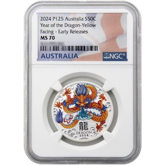 2024 P125 50c Australia 1/2oz Silver Colorized Dragon Yellow Facing Coin NGC MS70 ER Flag Label