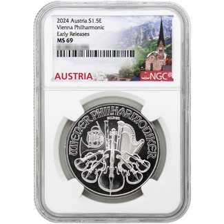 2024 Austria 1oz Silver 1.5 Euro Vienna Philharmonic NGC MS69 Early Releases Austria Label