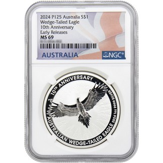 2024 P125 $1 Australia 1oz Silver Wedge-Tailed Eagle 10th Ann Coin NGC MS69 ER Australia Flag Label