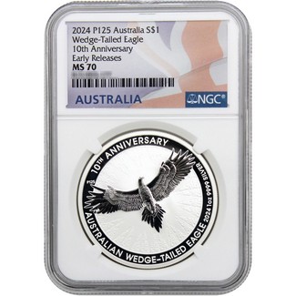 2024 P125 $1 Australia 1oz Silver Wedge-Tailed Eagle 10th Ann Coin NGC MS70 ER Australia Flag Label
