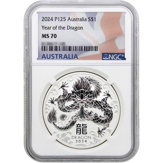 2024 $1 Australia 1oz Silver Lunar Series III Dragon NGC MS70 Australian Flag Label