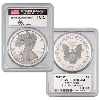 2017 W Proof Silver Eagle PCGS PR70 DCAM First Day Issue 1 of 1500 Mercanti Signed Flag Label