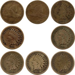 1857-1864 Complete Copper Nickel Cent Set G/VG Condition 8pcs