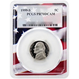 1999 S Proof Jefferson Nickel PCGS PR70 DCAM Flag Picture Frame