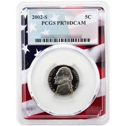 2002 S Proof Jefferson Nickel PCGS PR70 DCAM Flag Picture Frame