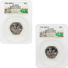 2026 P&D Semiquincentennial Quarter Mayflower Compact Set CAC MS65 First Day of Delivery 250th Anniversary Label