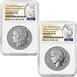 1776-2026 Reverse Proof Morgan & Peace Silver Dollar Set 250th Anniversary Liberty Bell Privy NGC PF70 FDI Morgan and Peace Dollar Label