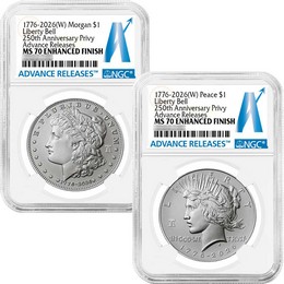 1776-2026 (W) Enhanced Uncirculated Morgan and Peace Silver Dollar Set 250th Anniversary Liberty Bell Privy NGC MS70 AR
