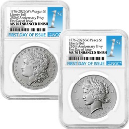 1776-2026 (W) Enhanced Uncirculated Morgan and Peace Silver Dollar Set 250th Anniversary Liberty Bell Privy NGC MS70 FDI 1st Label