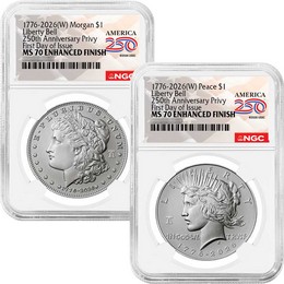 1776-2026 (W) Enhanced Uncirculated Morgan and Peace Silver Dollar Set 250th Anniversary Liberty Bell Privy NGC MS70 FDI America 250 Label