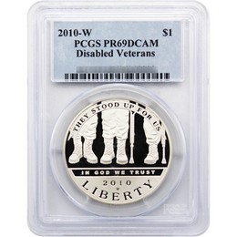 2010 W Proof American Veterans Disabled For Life Commem Dollar PCGS PR69 DCAM
