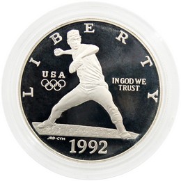 1992 S Proof Olympic Baseball Commem Dollar in Cap & Box