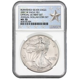 2007 W Burnished Silver Eagle Annual Dollar Set NGC MS70 Silver Star Label