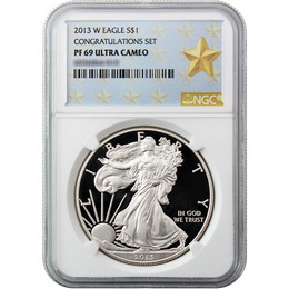 2013 W Silver Eagle NGC PF69 Ultra Cameo Congratulations Set Gold Star Label 2013 W Silver Eagle NGC PF69 Ultra Cameo Congratulations Set Gold Star Label