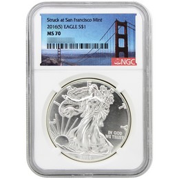 2016 (S) Silver Eagle NGC MS70 Struck at San Francisco Bridge Label