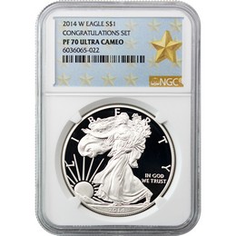 2014 W Silver Eagle NGC PF70 Ultra Cameo Congrats Set Gold Star Label