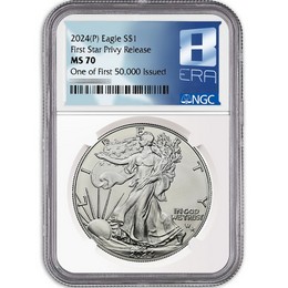 2024 (P) Silver Eagle First Star Privy Release NGC MS70 One of First 50,000 Issued 8th Era Label 2024 (P) Silver Eagle First Star Privy Release NGC MS70 One of First 50,000 Issued 8th Era Label