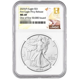 2025 (P) Silver Eagle First Eagle Privy Release NGC MS69 One of First 50,000 Issued 8th Era Label 2025 (P) Silver Eagle First Eagle Privy Release NGC MS69 One of First 50,000 Issued 8th Era Label