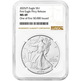 2025 (P) Silver Eagle First Eagle Privy Release NGC MS69 One of First 50,000 Issued Brown Label 2025 (P) Silver Eagle First Eagle Privy Release NGC MS69 One of First 50,000 Issued Brown Label