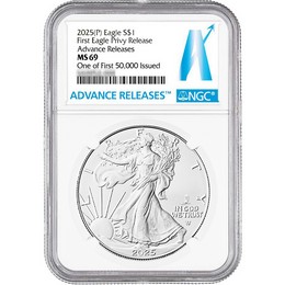 2025 (P) Silver Eagle First Eagle Privy Release NGC MS69 AR One of First 50,000 Issued AR Label 2025 (P) Silver Eagle First Eagle Privy Release NGC MS69 AR One of First 50,000 Issued AR Label