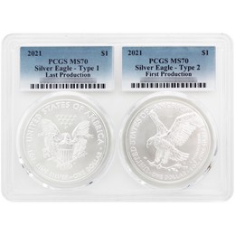 2021 Transitional Silver Eagle 2-Coin Set (Final Type 1 & First Type 2 Production) PCGS MS70 Multi-Holder Blue Label