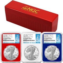 1776-2026 W Proof Silver Eagle 250th Anniversary Liberty Bell Privy NGC PF70 UC FDI Red, White, & Blue Core Set 1st Label