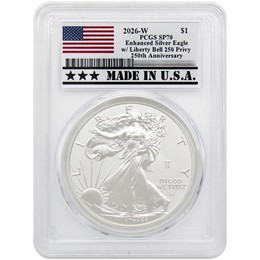 1776-2026 W Enhanced Uncirculated Silver Eagle 250th Anniversary Liberty Bell Privy PCGS SP70 Made in the USA Holder