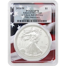 1776-2026 W Enhanced Uncirculated Silver Eagle 250th Anniversary Liberty Bell Privy PCGS SP70 Flag Picture Frame