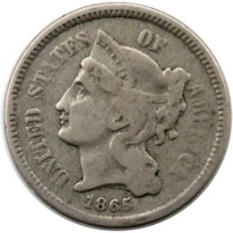 1865 Three Cent Nickel VG/VF Condition