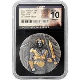 2023 $5 Niue Legendary Warriors Julius Caesar 2oz Silver Gilt HR Coin NGCX MS10 Antiqued One of 500 2023 $5 Niue Legendary Warriors Julius Caesar 2oz Silver Gilt HR Coin NGCX MS10 Antiqued One of 500