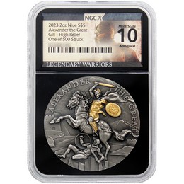 2023 $5 Niue Legendary Warriors Alexander the Great 2oz Silver Gilt HR Coin NGCX MS10 Antiq 1 of 500 2023 $5 Niue Legendary Warriors Alexander the Great 2oz Silver Gilt HR Coin NGCX MS10 Antiq 1 of 500