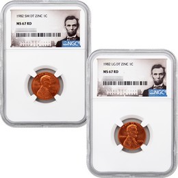 1982 Small Date & Large Date Zinc Lincoln Cent NGC MS67 RD Portrait Label